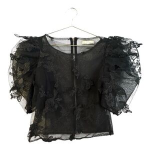 Black Lace Puff-Sleeve Women's Top